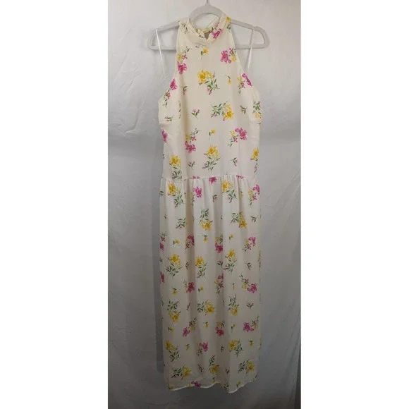 Floral Tiered Halter Maxi Dress Size XXL Pink Cream Pockets Boho Romantic Lined - Picture 2 of 11